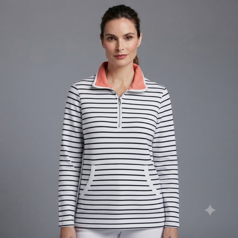 Jones New York Sport Pullover Womens 1X Striped Quarter Zip Top Navy White Coral